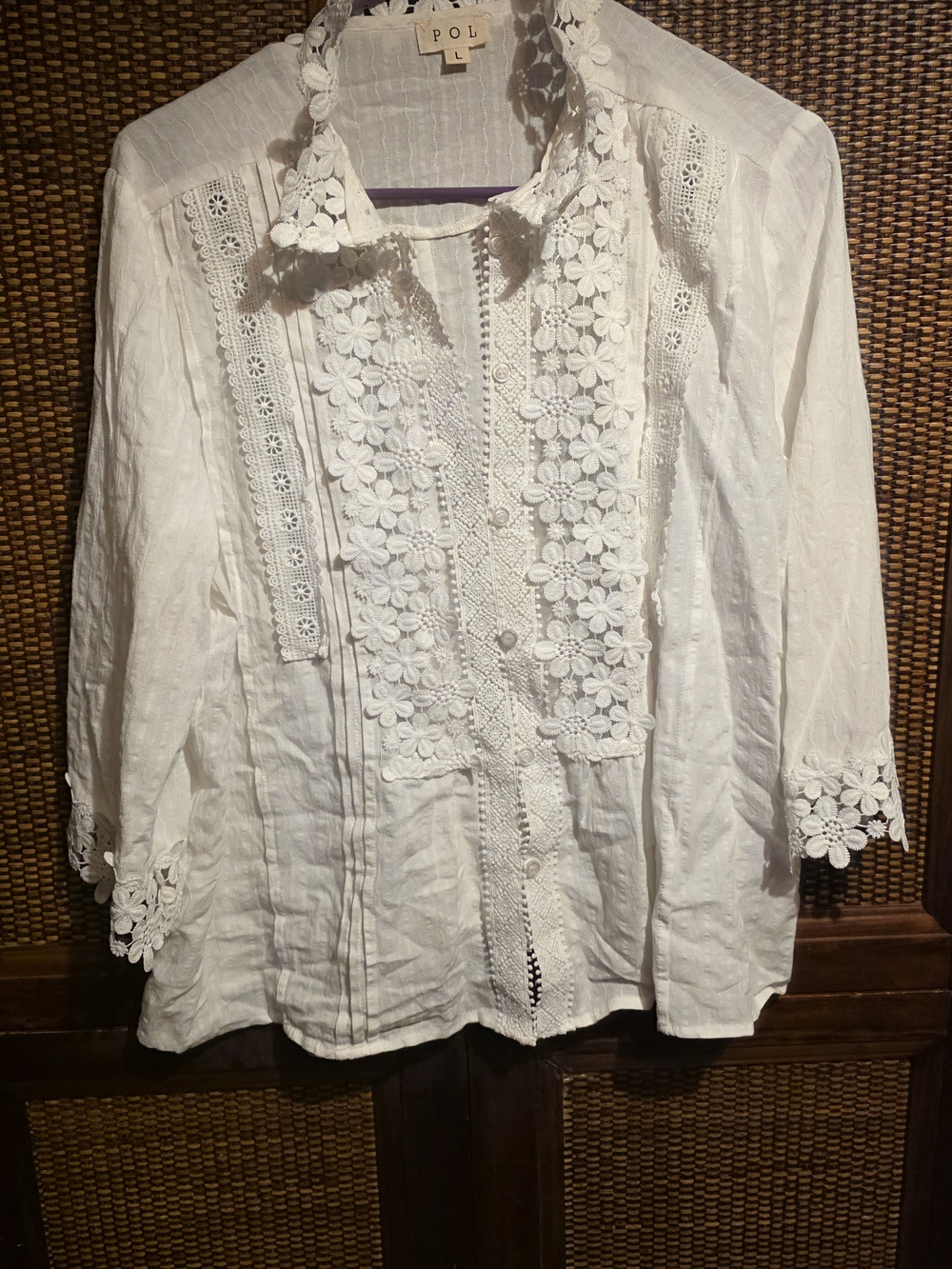 POL Large EUC White Lace-Detail Cotton Blouse - Women 23 PTP - Picture 2 of 4